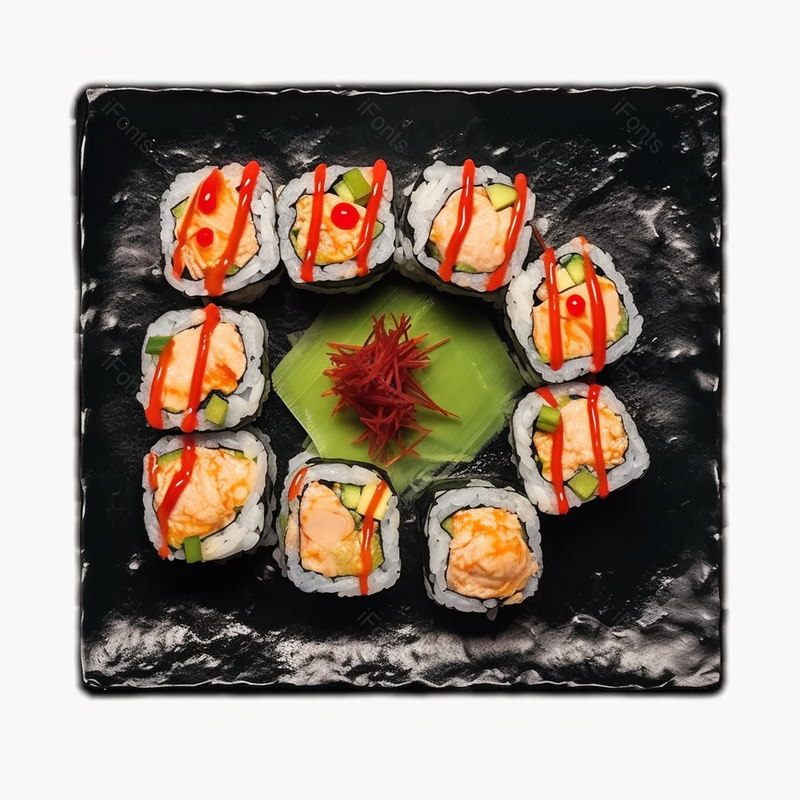 黑色托盘中的寿司上涂抹有红色番茄酱美食摄影背景,高清,摄影图,摄影图片,图片大全,摄影图免费下载